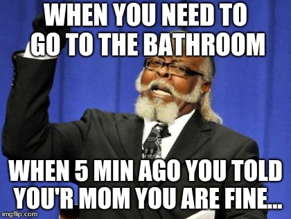 bathroom problems... | WHEN YOU NEED TO GO TO THE BATHROOM; WHEN 5 MIN AGO YOU TOLD YOU'R MOM YOU ARE FINE... | image tagged in memes,too damn high | made w/ Imgflip meme maker