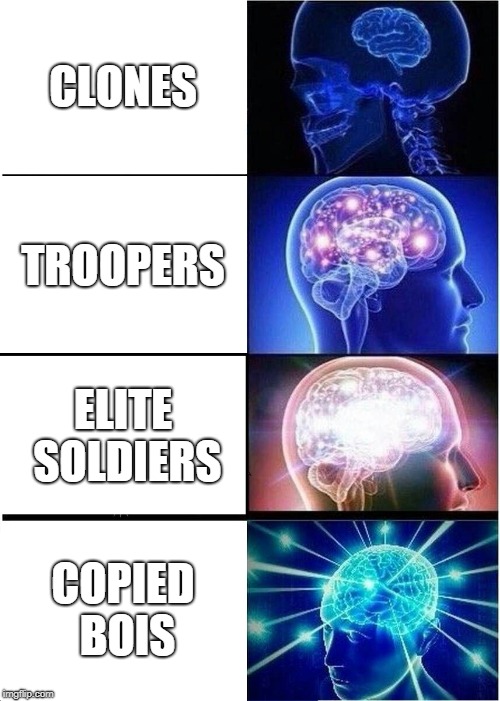 Expanding Brain Meme | CLONES; TROOPERS; ELITE SOLDIERS; COPIED BOIS | image tagged in memes,expanding brain | made w/ Imgflip meme maker