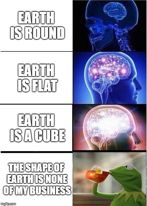 Views on the shape of Earth |  EARTH IS ROUND; EARTH IS FLAT; EARTH IS A CUBE; THE SHAPE OF EARTH IS NONE OF MY BUSINESS | image tagged in memes,expanding brain | made w/ Imgflip meme maker