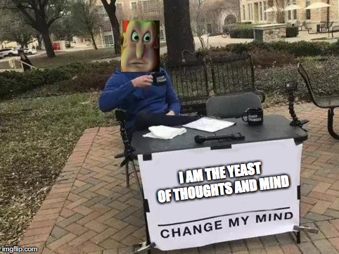 Change My Mind Meme | I AM THE YEAST OF THOUGHTS AND MIND | image tagged in change my mind,memes,funny,globglogabgalab,steven crowder,dank memes | made w/ Imgflip meme maker