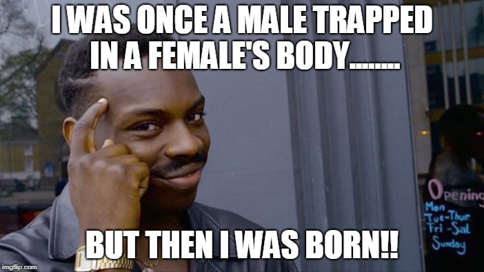 Roll Safe Think About It Meme | I WAS ONCE A MALE TRAPPED IN A FEMALE'S BODY........ BUT THEN I WAS BORN!! | image tagged in memes,roll safe think about it | made w/ Imgflip meme maker