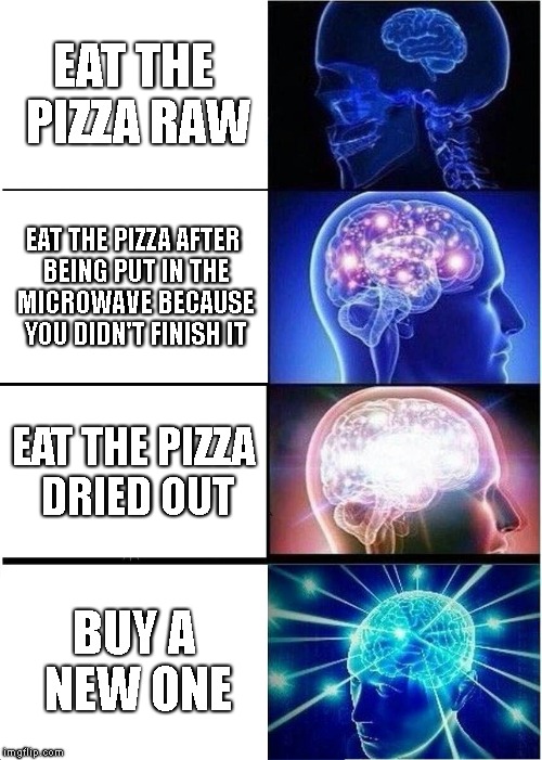 Pizza | EAT THE PIZZA RAW; EAT THE PIZZA AFTER BEING PUT IN THE MICROWAVE BECAUSE YOU DIDN'T FINISH IT; EAT THE PIZZA DRIED OUT; BUY A NEW ONE | image tagged in memes,expanding brain,food,pizza | made w/ Imgflip meme maker