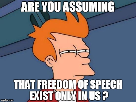 Futurama Fry Meme | ARE YOU ASSUMING THAT FREEDOM OF SPEECH EXIST ONLY IN US ? | image tagged in memes,futurama fry | made w/ Imgflip meme maker