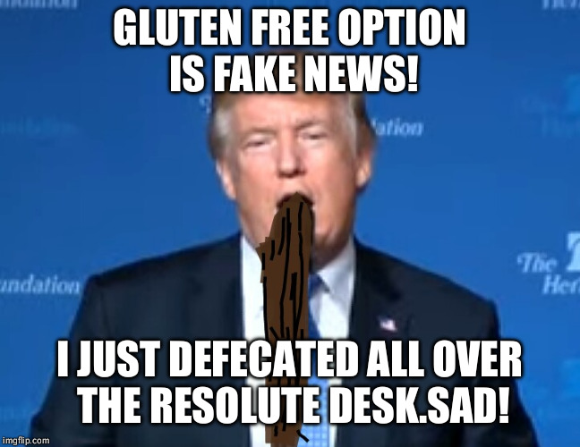 Verbal diarrhea  | GLUTEN FREE OPTION IS FAKE NEWS! I JUST DEFECATED ALL OVER THE RESOLUTE DESK.SAD! | image tagged in verbal diarrhea | made w/ Imgflip meme maker