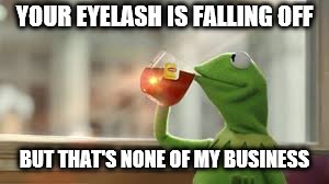 Kermit Sips Tea Large Pic | YOUR EYELASH IS FALLING OFF; BUT THAT'S NONE OF MY BUSINESS | image tagged in kermit sips tea large pic | made w/ Imgflip meme maker