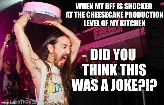 Steve Aoki's Bakery |  WHEN MY BFF IS SHOCKED AT THE CHEESECAKE PRODUCTION LEVEL OF MY KITCHEN; DID YOU THINK THIS WAS A JOKE?!? | image tagged in steve aoki's bakery | made w/ Imgflip meme maker