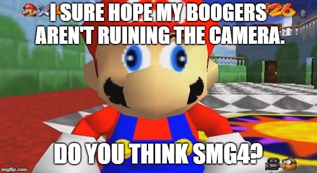 What do you say. | I SURE HOPE MY BOOGERS AREN'T RUINING THE CAMERA. DO YOU THINK SMG4? | image tagged in smg4 retarded mario | made w/ Imgflip meme maker