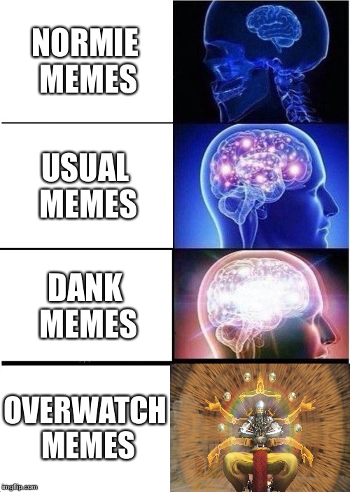 Yes, I'm back! And I have an Overwatch meme got you. | NORMIE MEMES; USUAL MEMES; DANK MEMES; OVERWATCH MEMES | image tagged in memes,expanding brain,overwatch,zenyatta | made w/ Imgflip meme maker