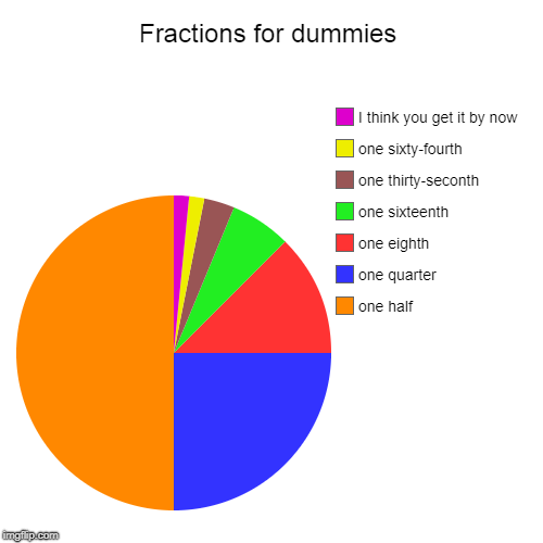 Fractions for dummies | one half, one quarter, one eighth, one sixteenth, one thirty-seconth, one sixty-fourth, I think you get it by now | image tagged in funny,pie charts,fractions | made w/ Imgflip chart maker