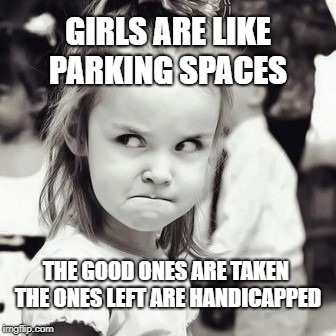 Angry Girl | GIRLS ARE LIKE PARKING SPACES; THE GOOD ONES ARE TAKEN  THE ONES LEFT ARE HANDICAPPED | image tagged in angry girl | made w/ Imgflip meme maker