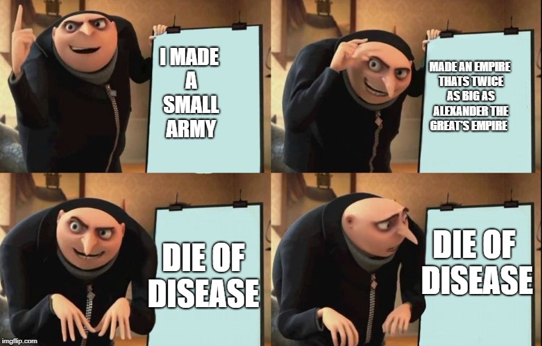 gru khan | MADE AN EMPIRE THATS TWICE AS BIG AS ALEXANDER THE GREAT'S EMPIRE; I MADE A SMALL ARMY; DIE OF DISEASE; DIE OF DISEASE | image tagged in despicable me diabolical plan gru template | made w/ Imgflip meme maker