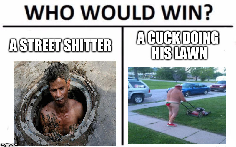 Who Would Win? Meme | A STREET SHITTER; A CUCK DOING HIS LAWN | image tagged in memes,who would win | made w/ Imgflip meme maker