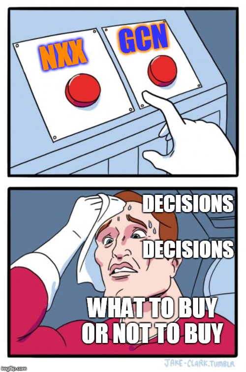 Two Buttons Meme | GCN; NXX; DECISIONS; DECISIONS; WHAT TO BUY OR NOT TO BUY | image tagged in memes,two buttons | made w/ Imgflip meme maker