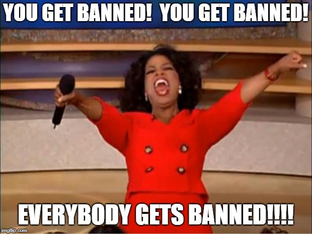 Oprah You Get A Meme | YOU GET BANNED!  YOU GET BANNED! EVERYBODY GETS BANNED!!!! | image tagged in memes,oprah you get a | made w/ Imgflip meme maker