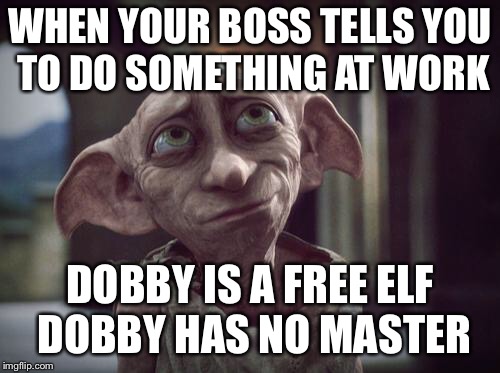 Dobby | WHEN YOUR BOSS TELLS YOU TO DO SOMETHING AT WORK; DOBBY IS A FREE ELF DOBBY HAS NO MASTER | image tagged in dobby | made w/ Imgflip meme maker