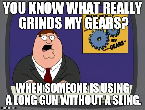 Peter Griffin News | YOU KNOW WHAT REALLY GRINDS MY GEARS? WHEN SOMEONE IS USING A LONG GUN WITHOUT A SLING. | image tagged in memes,peter griffin news | made w/ Imgflip meme maker