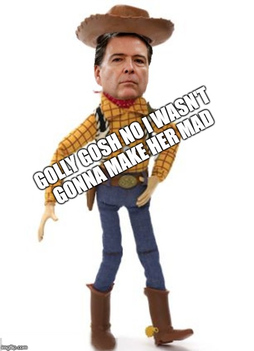 Good golly sheesh | GOLLY GOSH NO I WASN'T GONNA MAKE HER MAD | image tagged in james woody comey,comey the homey of cookies,mememonster | made w/ Imgflip meme maker