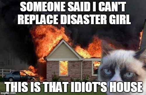 Burn Kitty Meme | SOMEONE SAID I CAN'T REPLACE DISASTER GIRL; THIS IS THAT IDIOT'S HOUSE | image tagged in memes,burn kitty,grumpy cat | made w/ Imgflip meme maker