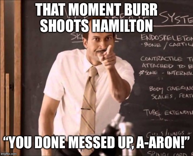 A-Aron | THAT MOMENT BURR SHOOTS HAMILTON; “YOU DONE MESSED UP, A-ARON!” | image tagged in a-aron | made w/ Imgflip meme maker