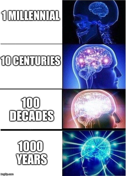 Weird. | 1 MILLENNIAL; 10 CENTURIES; 100 DECADES; 1000 YEARS | image tagged in memes,expanding brain,100,new years | made w/ Imgflip meme maker