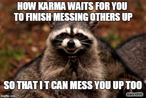 Evil Plotting Raccoon | HOW KARMA WAITS FOR YOU TO FINISH MESSING OTHERS UP; SO THAT I T CAN MESS YOU UP TOO; maxwell95 | image tagged in memes,evil plotting raccoon | made w/ Imgflip meme maker