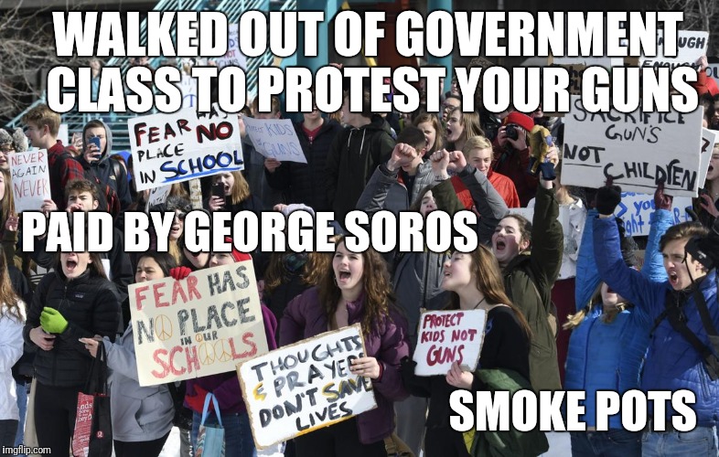The Rigid Right | WALKED OUT OF GOVERNMENT CLASS TO PROTEST YOUR GUNS; PAID BY GEORGE SOROS; SMOKE POTS | image tagged in gun control,funny,arrogant | made w/ Imgflip meme maker