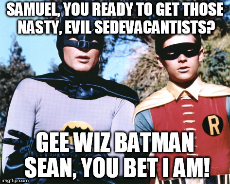 Batman robin | SAMUEL, YOU READY TO GET THOSE NASTY, EVIL SEDEVACANTISTS? GEE WIZ BATMAN SEAN, YOU BET I AM! | image tagged in batman robin | made w/ Imgflip meme maker