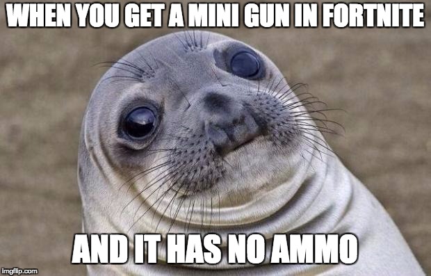 Awkward Moment Sealion Meme | WHEN YOU GET A MINI GUN IN FORTNITE; AND IT HAS NO AMMO | image tagged in memes,awkward moment sealion | made w/ Imgflip meme maker