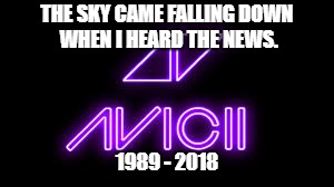 R.I.P. Avicii | THE SKY CAME FALLING DOWN WHEN I HEARD THE NEWS. 1989 - 2018 | image tagged in avicii | made w/ Imgflip meme maker