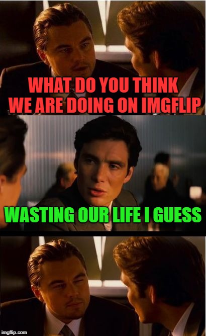 Inception Meme | WHAT DO YOU THINK WE ARE DOING ON IMGFLIP; WASTING OUR LIFE I GUESS | image tagged in memes,inception | made w/ Imgflip meme maker