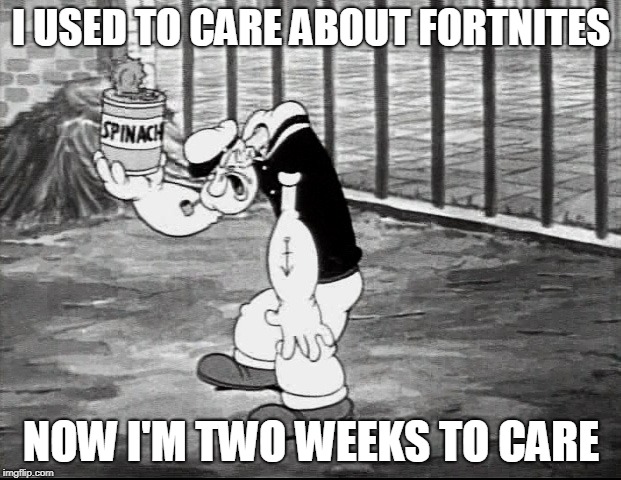 I don't care about fortnites, either | I USED TO CARE ABOUT FORTNITES; NOW I'M TWO WEEKS TO CARE | image tagged in fortnite meme | made w/ Imgflip meme maker
