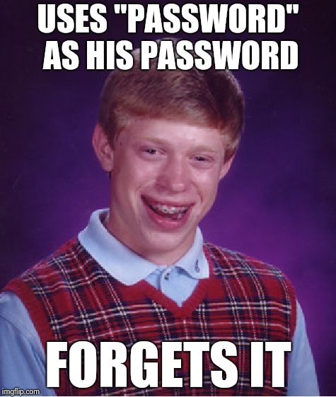 "Stupid is as stupid does , sir"-Forest Gump | USES "PASSWORD" AS HIS PASSWORD; FORGETS IT | image tagged in memes,bad luck brian,password,hey internet,rejected | made w/ Imgflip meme maker