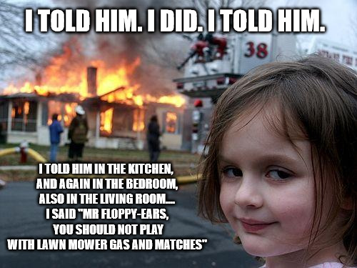 Disaster Girl Meme | I TOLD HIM. I DID. I TOLD HIM. I TOLD HIM IN THE KITCHEN, AND AGAIN IN THE BEDROOM, ALSO IN THE LIVING ROOM.... I SAID "MR FLOPPY-EARS,  YOU SHOULD NOT PLAY WITH LAWN MOWER GAS AND MATCHES" | image tagged in memes,disaster girl | made w/ Imgflip meme maker