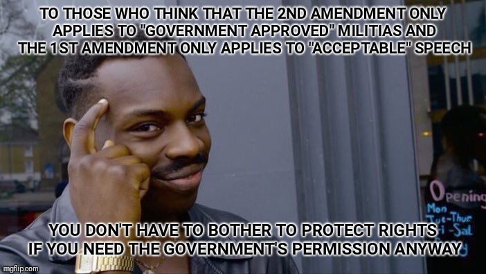 Why do you think the founders included the bill of rights in the first place? | TO THOSE WHO THINK THAT THE 2ND AMENDMENT ONLY APPLIES TO "GOVERNMENT APPROVED" MILITIAS AND THE 1ST AMENDMENT ONLY APPLIES TO "ACCEPTABLE" SPEECH; YOU DON'T HAVE TO BOTHER TO PROTECT RIGHTS IF YOU NEED THE GOVERNMENT'S PERMISSION ANYWAY | image tagged in memes,roll safe think about it | made w/ Imgflip meme maker