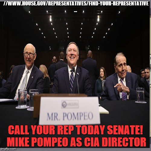 //WWW.HOUSE.GOV/REPRESENTATIVES/FIND-YOUR-REPRESENTATIVE …; CALL YOUR REP TODAY
SENATE! MIKE POMPEO AS CIA DIRECTOR | made w/ Imgflip meme maker