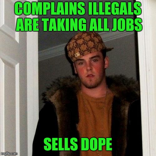 Scumbag Steve Meme | COMPLAINS ILLEGALS ARE TAKING ALL JOBS; SELLS DOPE | image tagged in memes,scumbag steve | made w/ Imgflip meme maker