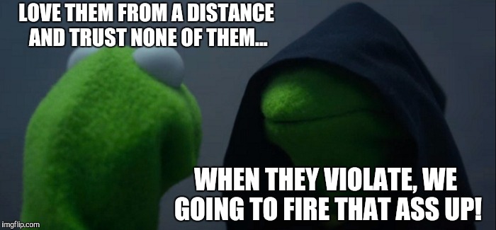 Evil Kermit | LOVE THEM FROM A DISTANCE AND TRUST NONE OF THEM... WHEN THEY VIOLATE, WE GOING TO FIRE THAT ASS UP! | image tagged in memes,evil kermit | made w/ Imgflip meme maker
