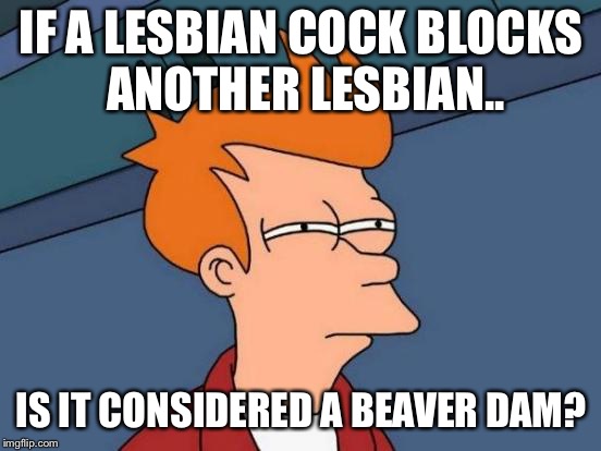 If a lesbian cock blocks another lesbian.. | IF A LESBIAN COCK BLOCKS ANOTHER LESBIAN.. IS IT CONSIDERED A BEAVER DAM? | image tagged in memes,futurama fry,lesbian | made w/ Imgflip meme maker