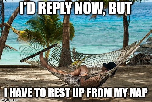 I'D REPLY NOW, BUT I HAVE TO REST UP FROM MY NAP | made w/ Imgflip meme maker