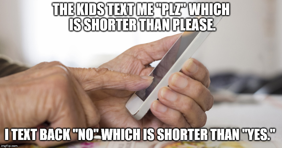 Old people text | THE KIDS TEXT ME "PLZ" WHICH IS SHORTER THAN PLEASE. I TEXT BACK "NO" WHICH IS SHORTER THAN "YES." | image tagged in old people text | made w/ Imgflip meme maker