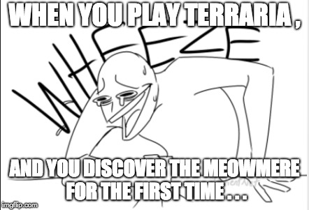 For terraria players | WHEN YOU PLAY TERRARIA , AND YOU DISCOVER THE MEOWMERE FOR THE FIRST TIME . . . | image tagged in wheze | made w/ Imgflip meme maker