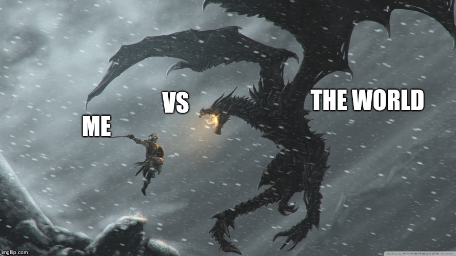Who else feels like this | THE WORLD; VS; ME | image tagged in skyrim dragon fight | made w/ Imgflip meme maker