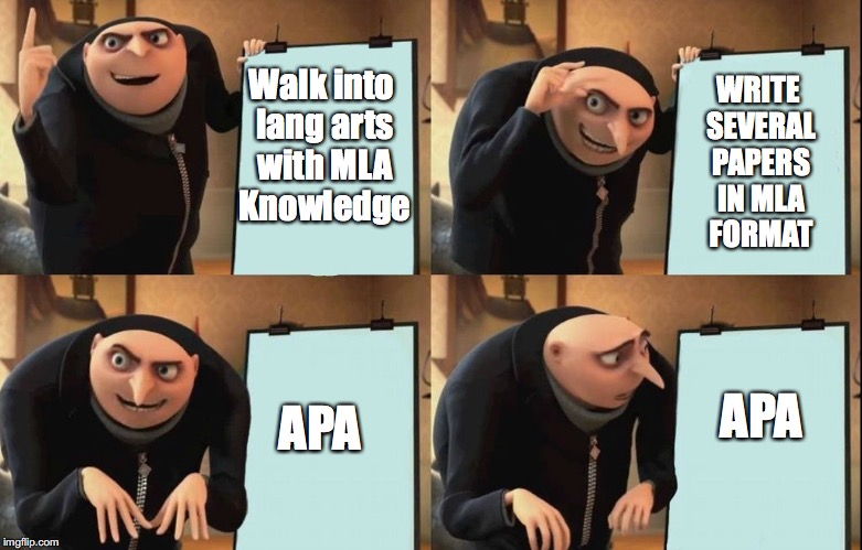 Gru 4 panel | WRITE SEVERAL PAPERS IN MLA FORMAT; Walk into lang arts with MLA Knowledge; APA; APA | image tagged in gru 4 panel | made w/ Imgflip meme maker