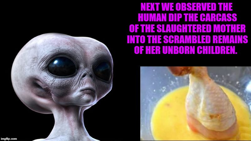 alien observations  | NEXT WE OBSERVED THE HUMAN DIP THE CARCASS OF THE SLAUGHTERED MOTHER INTO THE SCRAMBLED REMAINS OF HER UNBORN CHILDREN. | image tagged in aliens | made w/ Imgflip meme maker