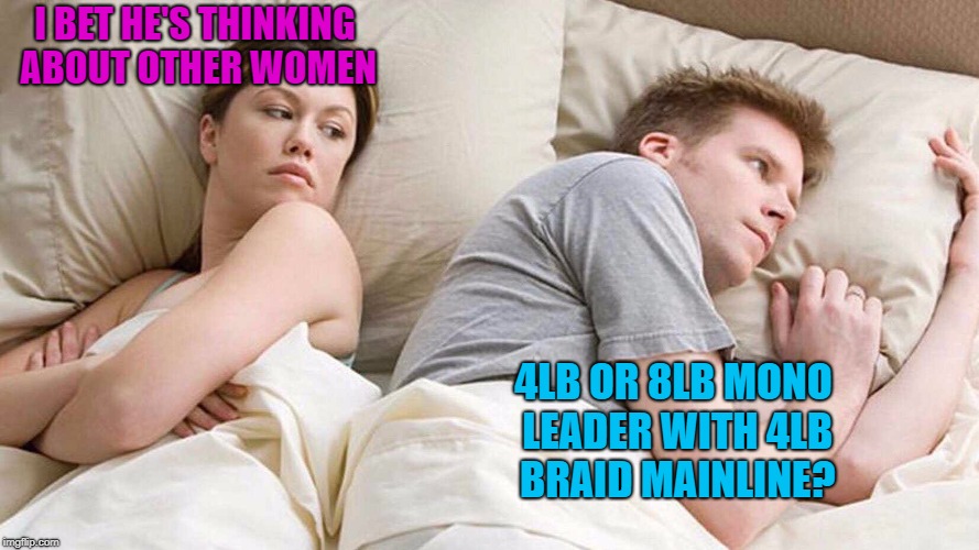 Something fishy going on here... | I BET HE'S THINKING ABOUT OTHER WOMEN; 4LB OR 8LB MONO LEADER WITH 4LB BRAID MAINLINE? | image tagged in i bet he's thinking about other women,fishing | made w/ Imgflip meme maker