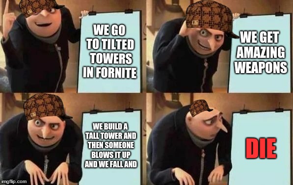 Gru's Plan Meme | WE GO TO TILTED  TOWERS IN FORNITE; WE GET AMAZING WEAPONS; WE BUILD A TALL TOWER AND THEN SOMEONE BLOWS IT UP AND WE FALL AND; DIE | image tagged in gru's plan,scumbag | made w/ Imgflip meme maker