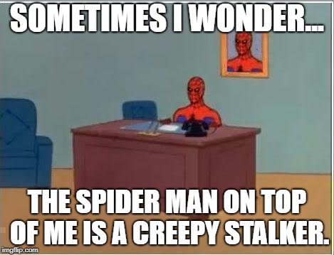 Spiderman Computer Desk Meme | SOMETIMES I WONDER... THE SPIDER MAN ON TOP OF ME IS A CREEPY STALKER. | image tagged in memes,spiderman computer desk,spiderman | made w/ Imgflip meme maker