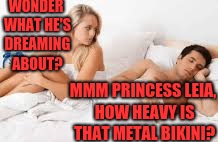 WONDER WHAT HE'S DREAMING ABOUT? MMM PRINCESS LEIA, HOW HEAVY IS THAT METAL BIKINI? | made w/ Imgflip meme maker