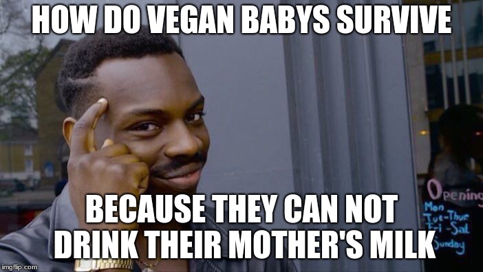 Roll Safe Think About It | HOW DO VEGAN BABYS SURVIVE; BECAUSE THEY CAN NOT DRINK THEIR MOTHER'S MILK | image tagged in memes,roll safe think about it | made w/ Imgflip meme maker