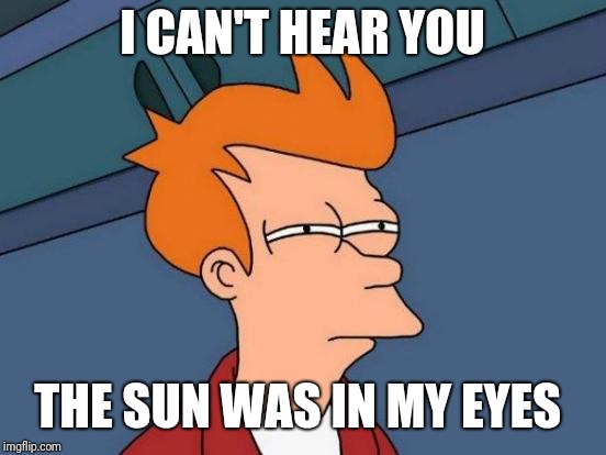 Futurama Fry Meme | I CAN'T HEAR YOU; THE SUN WAS IN MY EYES | image tagged in memes,futurama fry | made w/ Imgflip meme maker